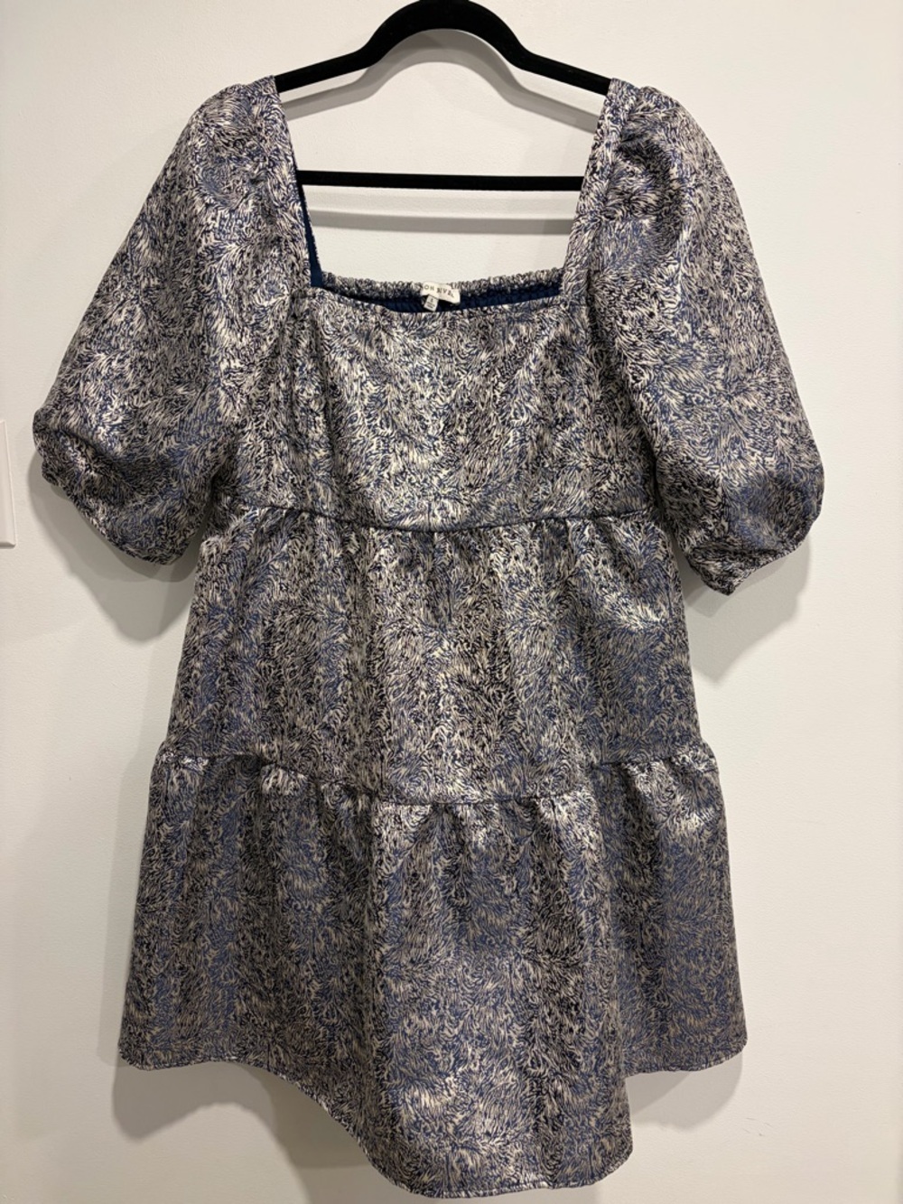 Moon River Blue Jacquard Puff Sleeve Babydoll Mini Dress Size L Cottagecore
